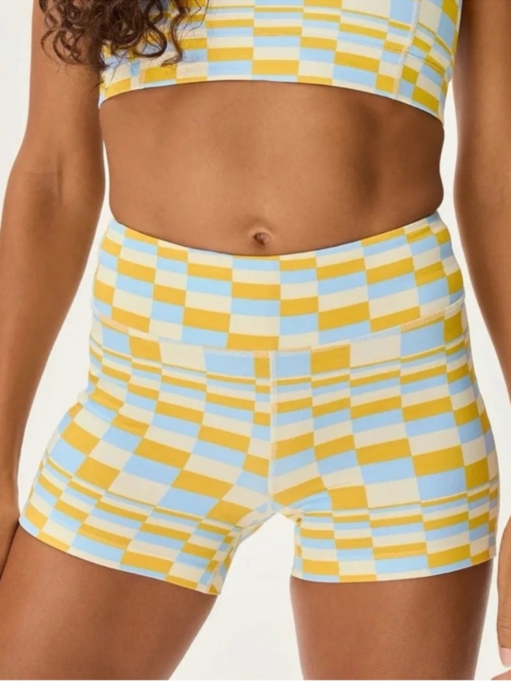 Outdoor Voices TechSweat Checkered Bike Shorts in Blue/Yellow Size S